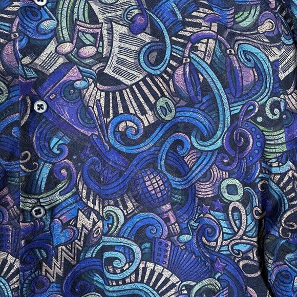 Gene Hiller Shirt Musical Eclectic Printed Jazz Musician Blue Colorful Sz Large - Picture 3 of 13